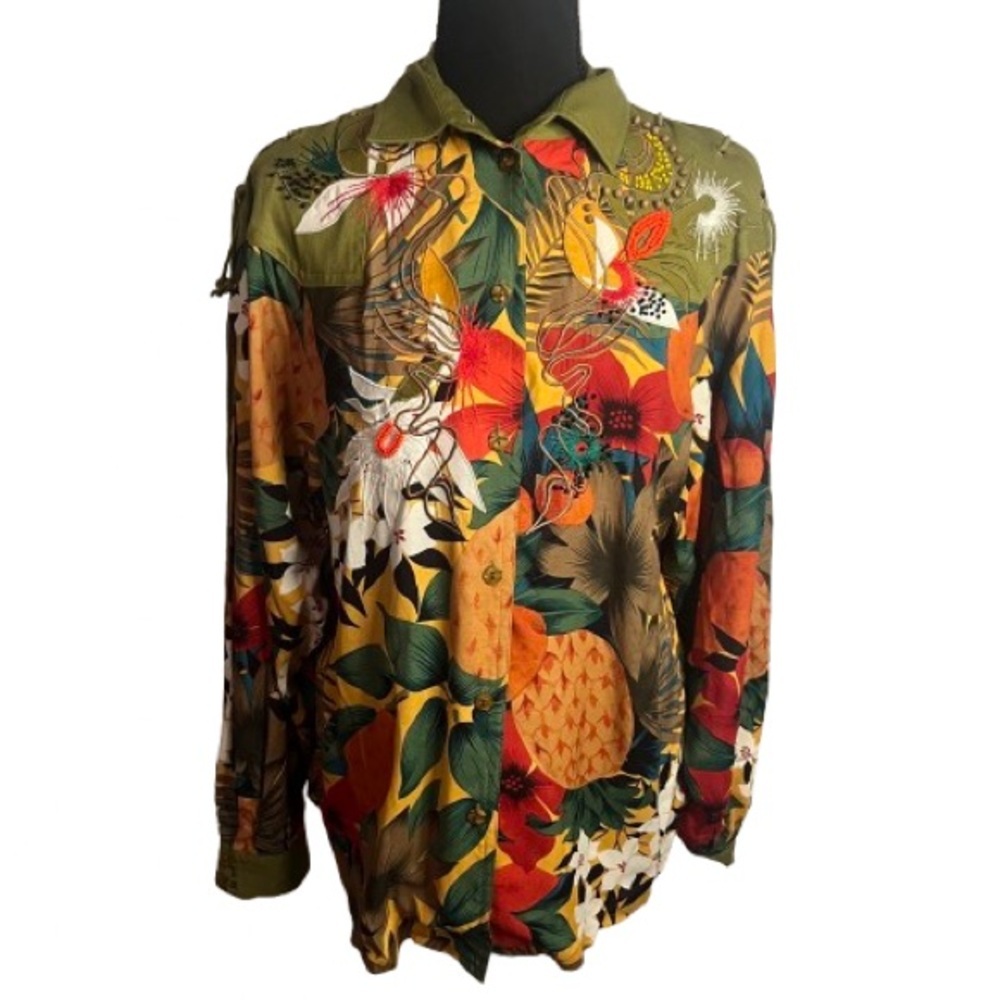 Vintage Marc D’alcy Tropical Embroidered Shirt Sz M Beaded Lace Up Sleeves Art